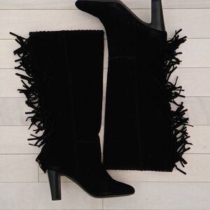 Cosmopolitan Women's Black Suede Wide Calf Fringe Stacked Heel Boots Size 8.5